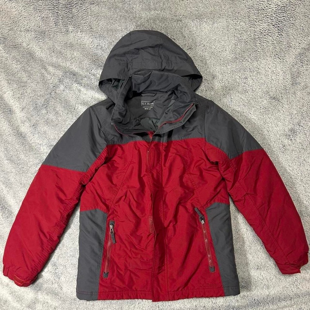 L.L.Bean colorblock winter coat in burgundy red and charcoal gray kids 10-12